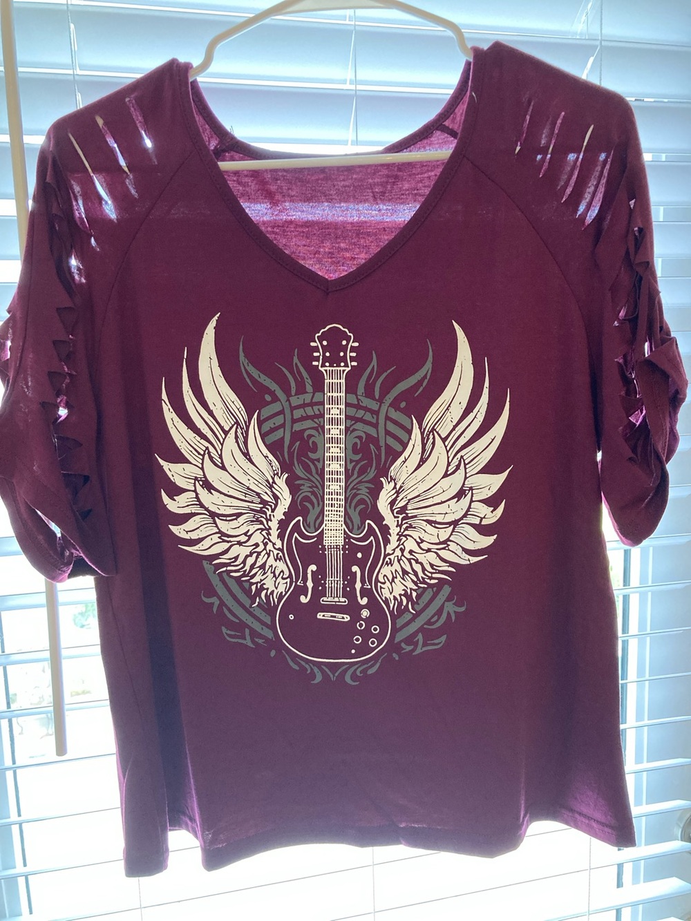 Women’s V-Neck Burgundy Graphic Guitar Tee with Cutout Sleeves